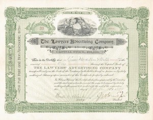 Lawyers' Advertising Co. - 1899 dated Stock Certificate